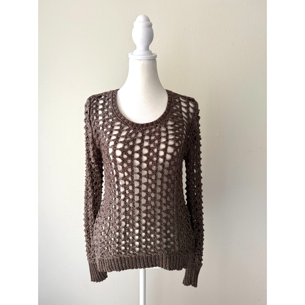 Lucky Brand Crochet Knit Sweater Brown Metallic Open Weave Boho Long Sleeve Sz S